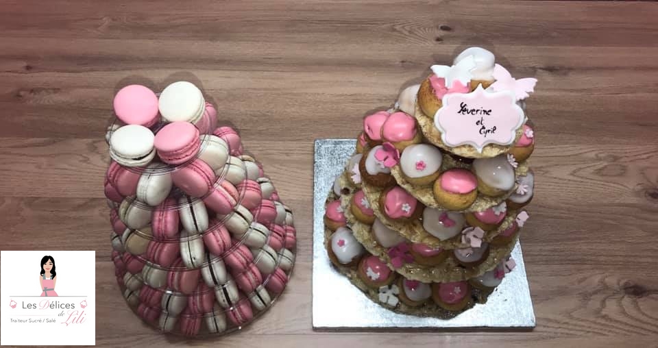 Mariage pièce montée choux et macarons